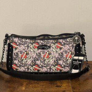 Ed Hardy Skull Design Crossbody Bag - Pink and Black